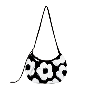 尼睿新款斜挎包黑白简约文艺花卉小挎包女休闲百搭帆布包拉链Q12