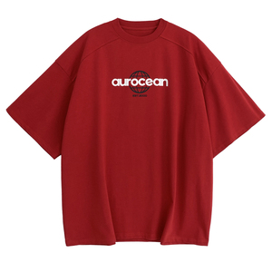 Aurocean 红色T恤 320克重磅全棉复古机能短袖宽松少年感五分袖