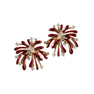 新年红色丝绒小马珍珠耳环女2026新款本命年烟花耳钉气质耳饰