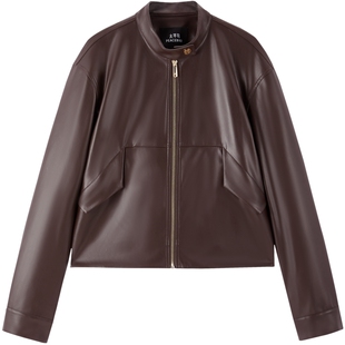 太平鸟女装秋季金扣小立领仿蛋白PU皮衣外套女截短式机车皮衣