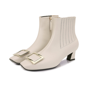 RV方扣短靴女秋冬新款方头漆皮女鞋粗跟靴子真皮中高跟英伦风女靴