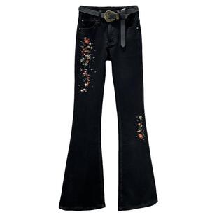 绣花牛仔裤女潮2023年新款秋季高腰修身显瘦民族风镶钻喇叭裤长裤