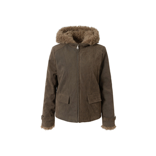 Covertitle 摩登大毛领连帽正肩拼接毛绒内胆保暖棉服外套