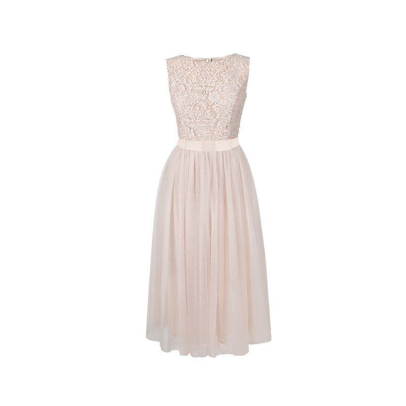蕾丝网纱拼接收腰日礼服连衣裙