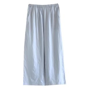 睡裤女夏薄款纯棉纱布简约清新纯色全棉口袋家居裤宽松直筒九分裤