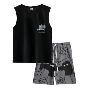卡通鳄鱼无袖睡衣女夏季背心短裤纯棉家居服男大码200斤薄款套装