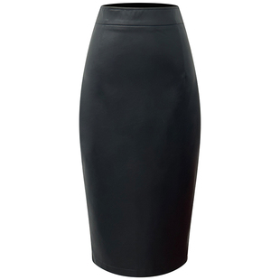 时尚气质蛋白皮黑色皮裙半身裙女冬新款百搭优雅高腰后开叉包臀裙