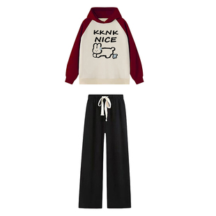 运动套装女初中生一整套穿搭撞色秋天卫衣女2025新款秋季阔腿裤装