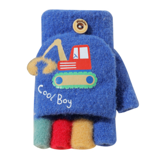 儿童手套冬季男童保暖防冻手小童宝宝玩雪加厚翻盖加绒手套工程车