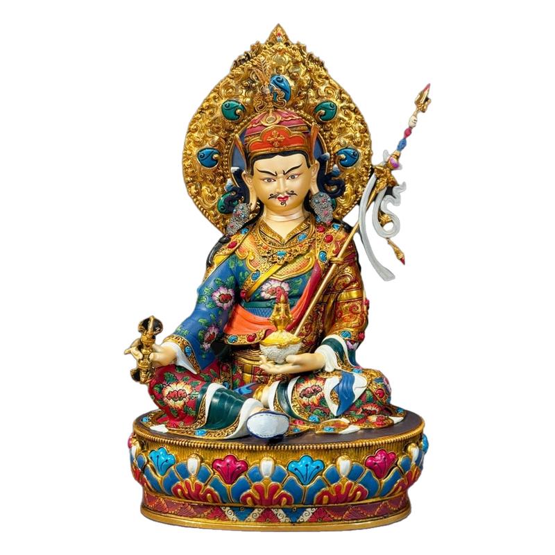 尼泊尔工艺精品纯铜彩绘莲花生大师佛像手工錾刻莲师坐像供奉摆件