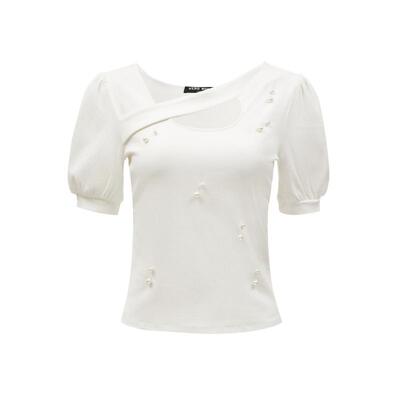 绫致Vero Moda T恤女25春夏新甜美优雅镂空钉珠泡泡袖上衣时尚