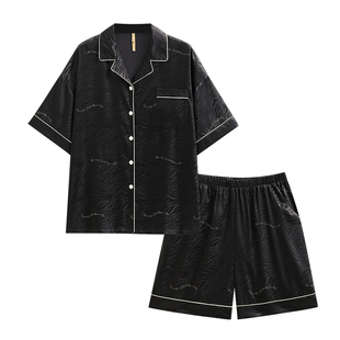 睡衣女款夏季夏款冰丝绸短袖短裤仿真丝绸家居服女黑色高级感套装