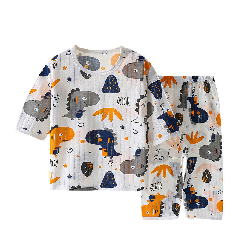 夏季中长袖儿童薄棉家居服套装男童空调服睡衣薄款女宝线衣秋衣裤