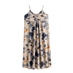 家乐芬带胸垫睡裙女士睡衣夏季夏款夏天冰丝吊带莫代尔长款水墨画