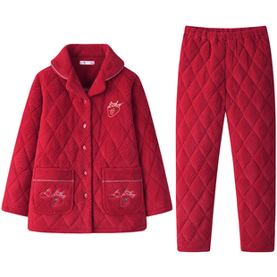 睡衣女士冬天加厚夹棉珊瑚绒加绒法兰绒秋冬季家居服大红色本命年