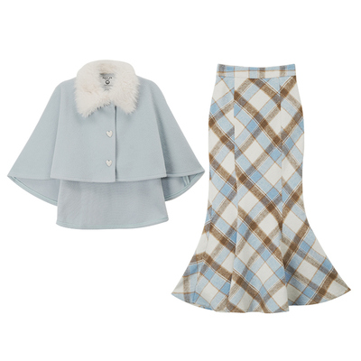 千金风斗篷外套女格纹鱼尾半身裙