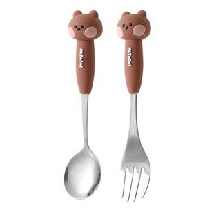 布朗熊儿童不锈钢勺子甜品叉子可爱家用吃饭水果叉套装高颜值餐具
