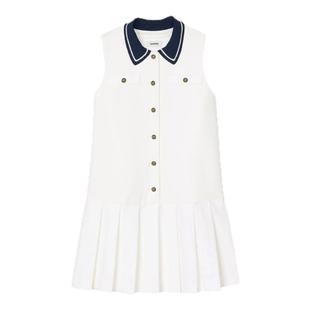 SANDRO2025春夏女装法式甜美白色竖排扣钩针翻领短款百褶连衣裙