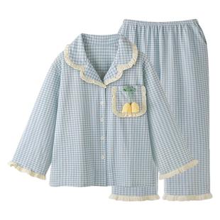 『铃兰花信』日系格纹清新纯棉睡衣女春秋男款情侣大码家居服套装