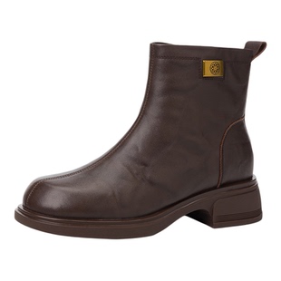 星期六秋冬牛皮黑色短靴女靴2025秋冬新款英伦风厚底真皮马丁靴子