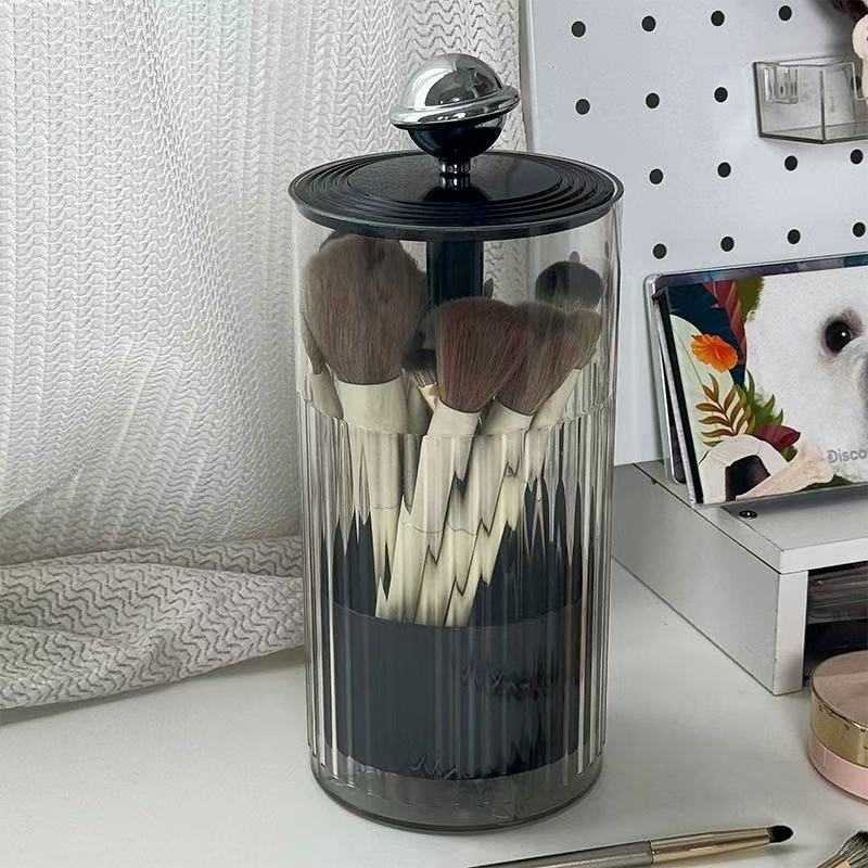 化妆刷收纳桶自动升降梳妆台桌面眉笔眼线笔美妆刷按压收纳盒防尘