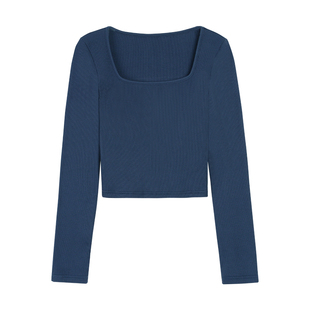 NEVA HU 两穿！黑色方领锁骨修身长袖针织衫女高腰短款打底上衣