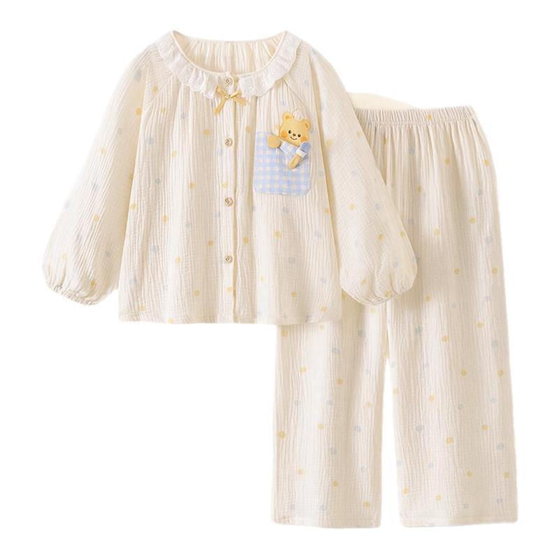 奶油风女童睡衣春秋新款纯棉棉纱家居服套装