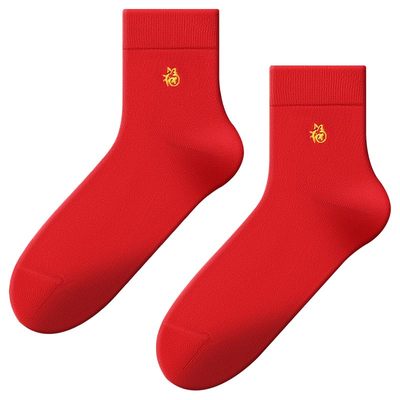 七匹狼本命年男纯棉红色中筒袜子