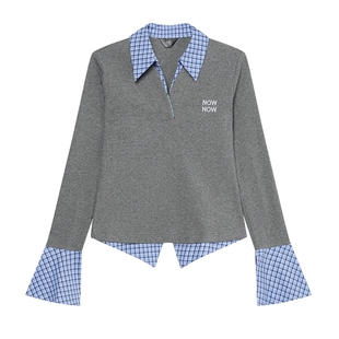 白鹿语撞色格子假两件上衣春秋款翻领修身学院风长袖套头T恤女