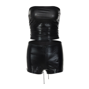 gusty美式辣妹机车风PU皮套装性感一字肩绑带抹胸上衣+热辣短裤子