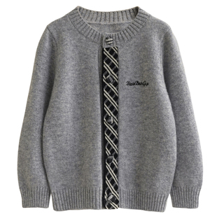 康赛妮100%纯山羊绒儿童毛衣男女童针织打底学生单排扣双股厚开衫