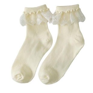 花边袜子女配玛丽珍鞋小皮鞋纯棉可爱洛丽塔芭蕾风中筒袜蕾丝春秋