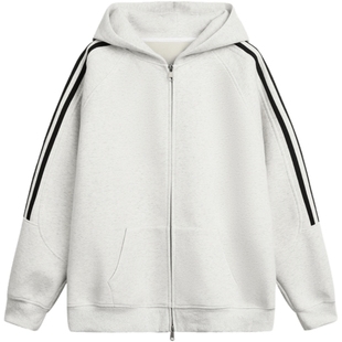 潮牌纯色三条杠连帽卫衣女春秋2025年新款宽松插肩袖开衫拉链外套