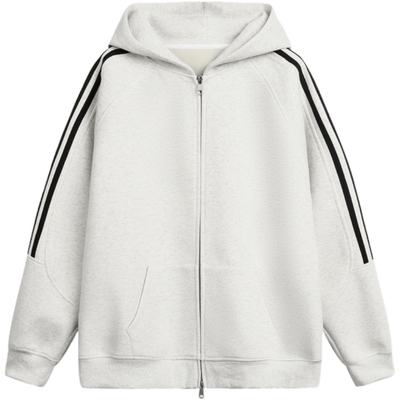 潮牌纯色三条杠连帽卫衣女春秋2026年新款宽松插肩袖开衫拉链外套