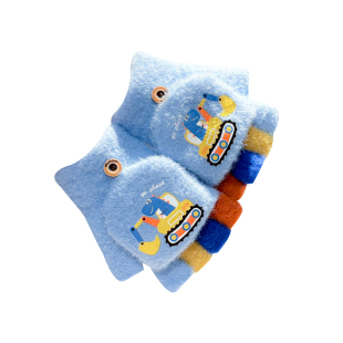 儿童手套宝宝秋冬季可爱卡通挖掘机保暖男童学生写字半指翻盖两用