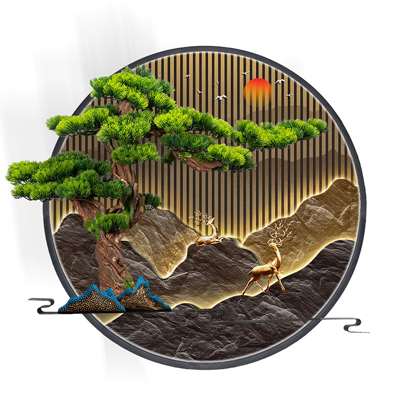 户外防水新中式山水圆形灯光壁挂