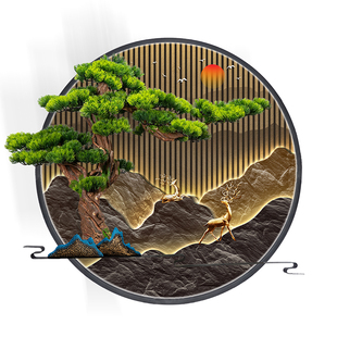 户外防水创意新中式庭院园林花园影壁墙装饰画山水壁挂圆形灯光画