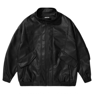 ONUN 美式复古机车荔枝纹皮衣夹克秋冬日系宽松休闲立领外套男女