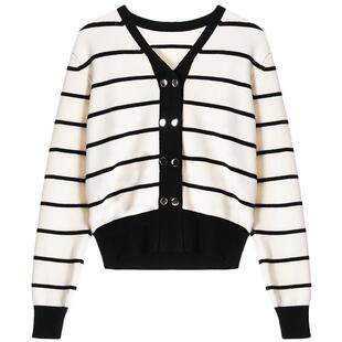 LAGOGO经典黑白条纹V领毛针织衫女拉谷谷春秋新款双排扣套头上衣