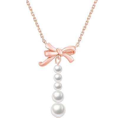 纯银银可爱蝴蝶结珍珠项链送礼物
