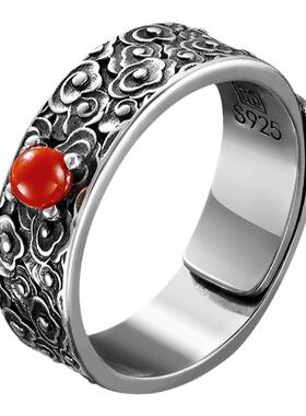 天然南红石祥云情侣纯银戒指男女