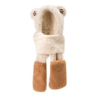 畹町摩卡小熊毛绒帽子围巾手套一体三件套秋冬加厚保暖护耳雷锋帽