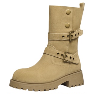 红蜻蜓游牧风西部靴秋冬女鞋厚底粗跟中筒靴黑色瘦瘦靴旅游牛仔靴