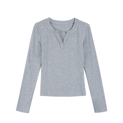 MULVAN  舒适仪式 亨利v领t恤女长袖基础杏色修身打底衫正肩上衣