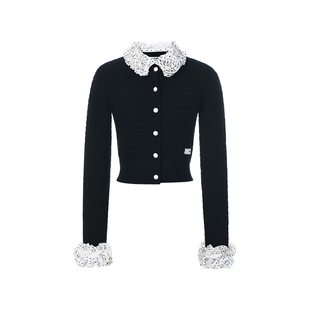 lefame拉飞姆经典黑千金小香风长袖针织衫毛衣短款外套薄款上衣女