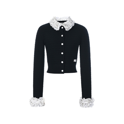 lefame拉飞姆春季经典黑千金小香风长袖针织衫毛衣短款外套上衣女