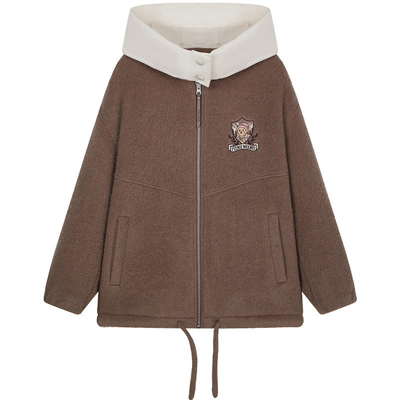 TeenieWeenie小熊女装外套25冬新款可拆卸撞色羽绒帽拼接毛呢大衣