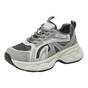 拉夏贝尔银灰色老爹鞋女2026春季新款厚底增高百搭休闲轻便运动鞋