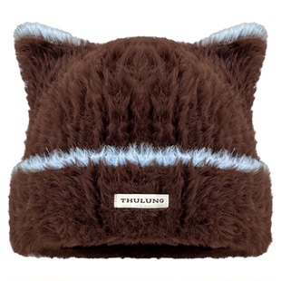 韩版ins猫耳朵拼色毛绒针织帽子女冬季防寒保暖显脸小护耳套头帽