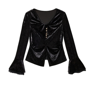 蓝语大码扭结设计拼接蕾丝边丝绒上衣2025秋冬新款质感显瘦打底衫